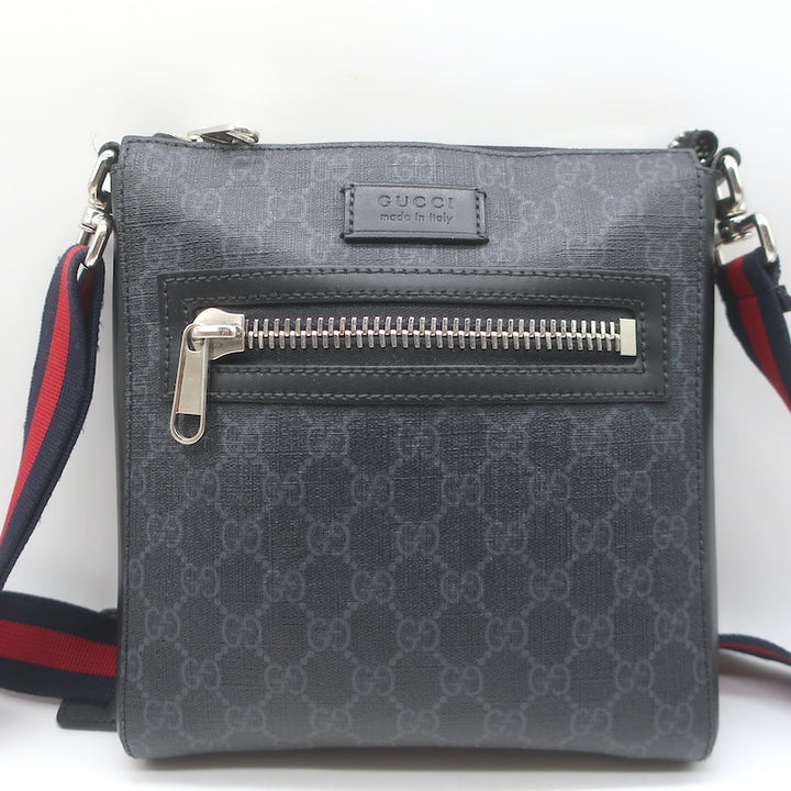 Gucci GG Supreme Small Web-Strap Messenger Bag Black Canvas &amp; Leather
