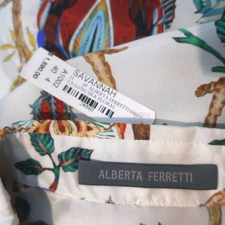 Alberta Ferretti Maxi Shirt Dress Cream/Multi Floral Print Silk Size US 4 NEW