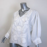 Nili Lotan Tassel-Tie Embroidered Peasant Blouse White Linen Size Extra Small