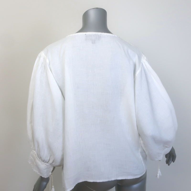 Nili Lotan Tassel-Tie Embroidered Peasant Blouse White Linen Size Extra Small