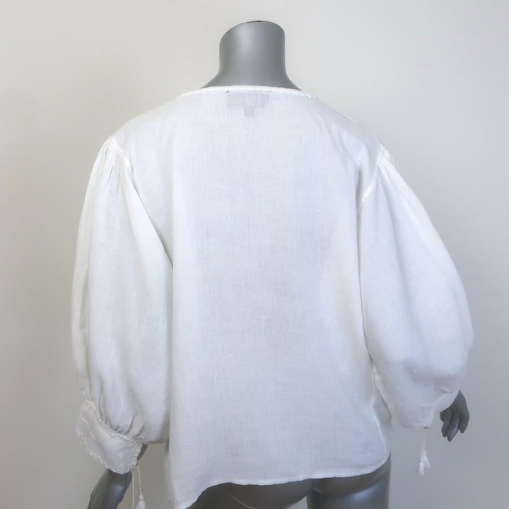 Nili Lotan Tassel-Tie Embroidered Peasant Blouse White Linen Size Extra Small
