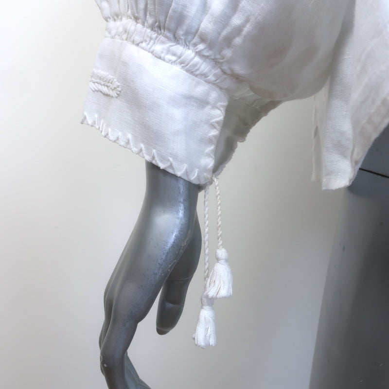 Nili Lotan Tassel-Tie Embroidered Peasant Blouse White Linen Size Extra Small