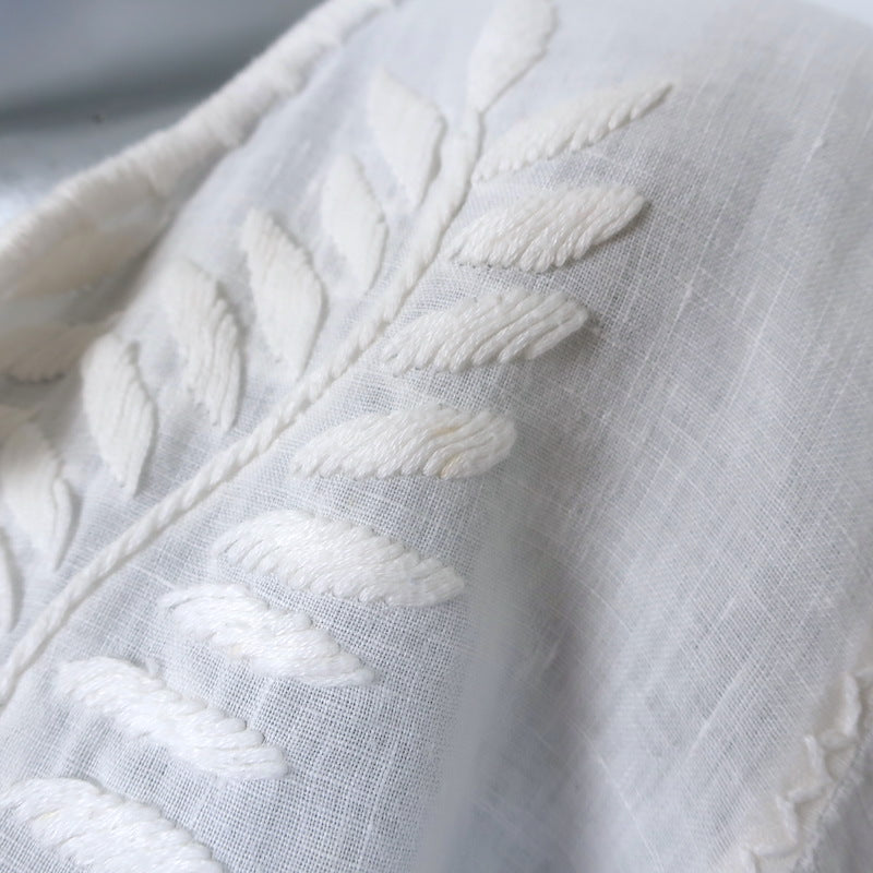 Nili Lotan Tassel-Tie Embroidered Peasant Blouse White Linen Size Extra Small