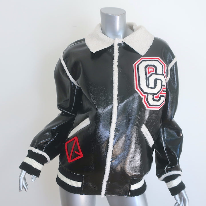 Opening Ceremony Shearling-Trim Varsity Jacket Black Faux Patent Size Small
