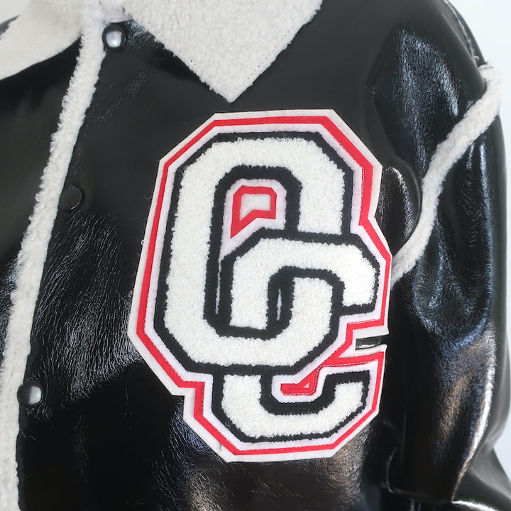Opening Ceremony Shearling-Trim Varsity Jacket Black Faux Patent Size Small