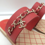 Chanel 19C CC Chain Toe-Strap Flat Slide Sandals Red Leather Size 37.5