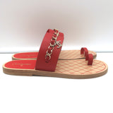 Chanel 19C CC Chain Toe-Strap Flat Slide Sandals Red Leather Size 37.5
