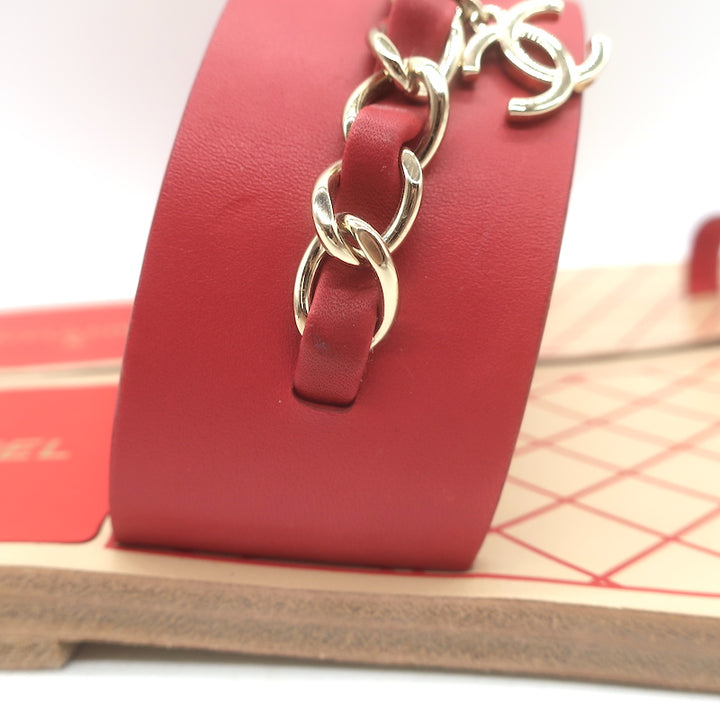Chanel 19C CC Chain Toe-Strap Flat Slide Sandals Red Leather Size 37.5