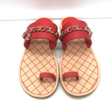 Chanel 19C CC Chain Toe-Strap Flat Slide Sandals Red Leather Size 37.5