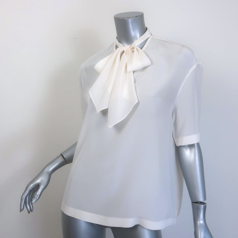 Brunello Cucinelli Monili-Trim Pussy Bow Short Sleeve Top Cream Silk Size Small