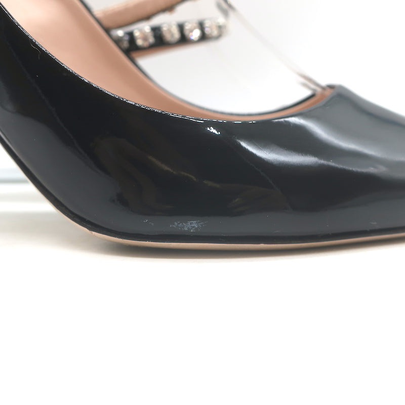 Miu Miu Crystal-Strap Pumps Black Patent Leather Size 37.5 Pointed Toe Heels