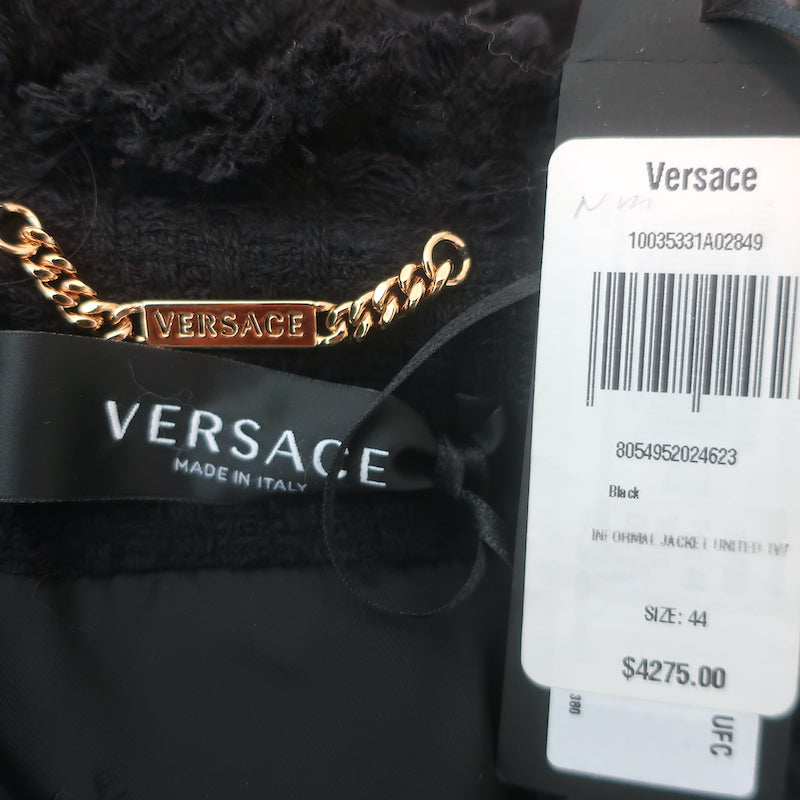 Versace Chain-Trimmed Tweed Jacket Black Cotton Size 44 NEW