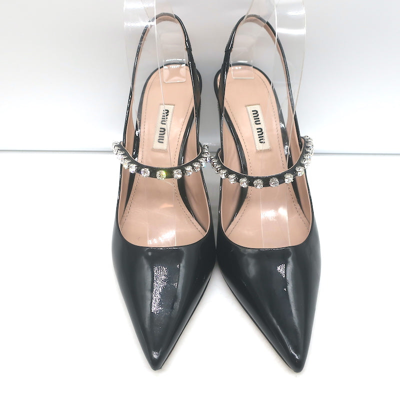 Miu Miu Crystal-Strap Pumps Black Patent Leather Size 37.5 Pointed Toe Heels