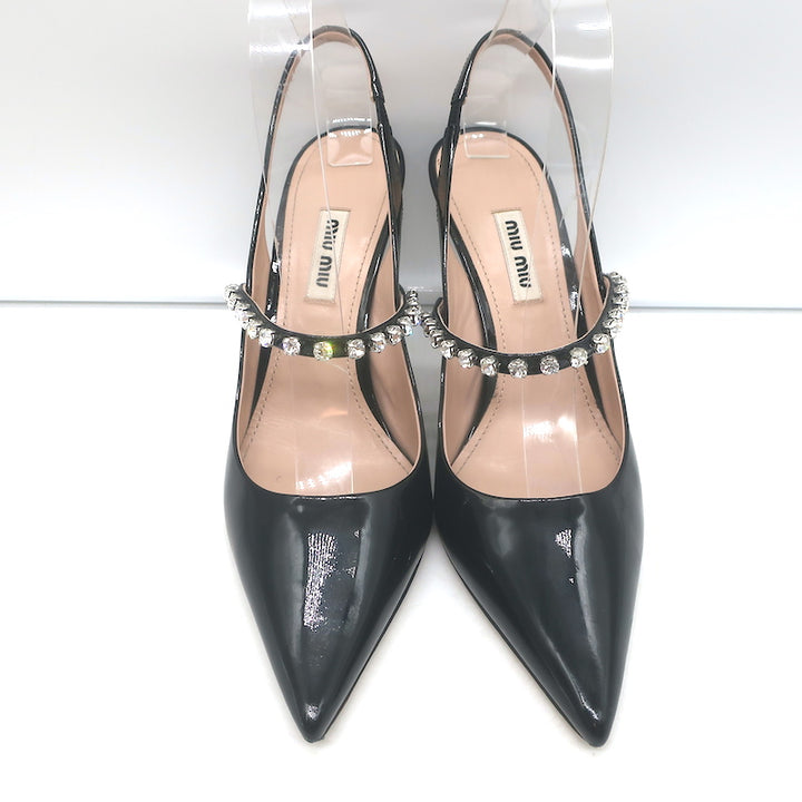 Miu Miu Crystal-Strap Pumps Black Patent Leather Size 37.5 Pointed Toe Heels