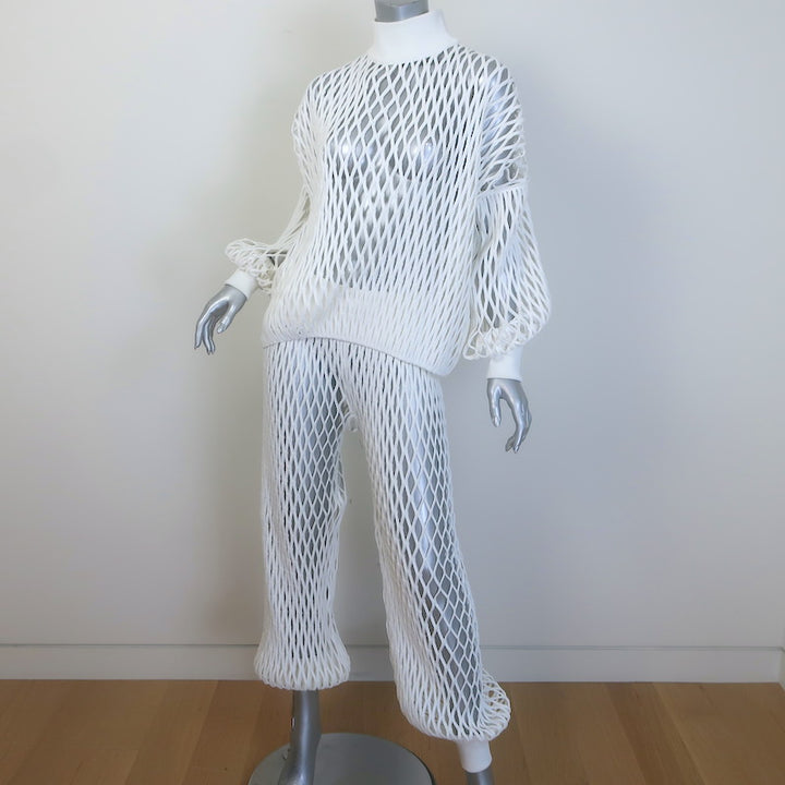 Alaia Macrame Fishnet Knit Turtleneck Top &amp; Balloon Pant Set White Size 36