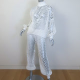 Alaia Macrame Fishnet Knit Turtleneck Top & Balloon Pant Set White Size 36