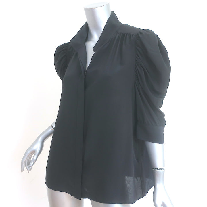 FRAME Gillian Puff Sleeve Top Black Silk Size Large Button-Down Blouse