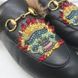Gucci Princetown Crystal-Embroidered Fur Mules Black Leather Size 37.5