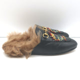 Gucci Princetown Crystal-Embroidered Fur Mules Black Leather Size 37.5