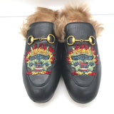 Gucci Princetown Crystal-Embroidered Fur Mules Black Leather Size 37.5