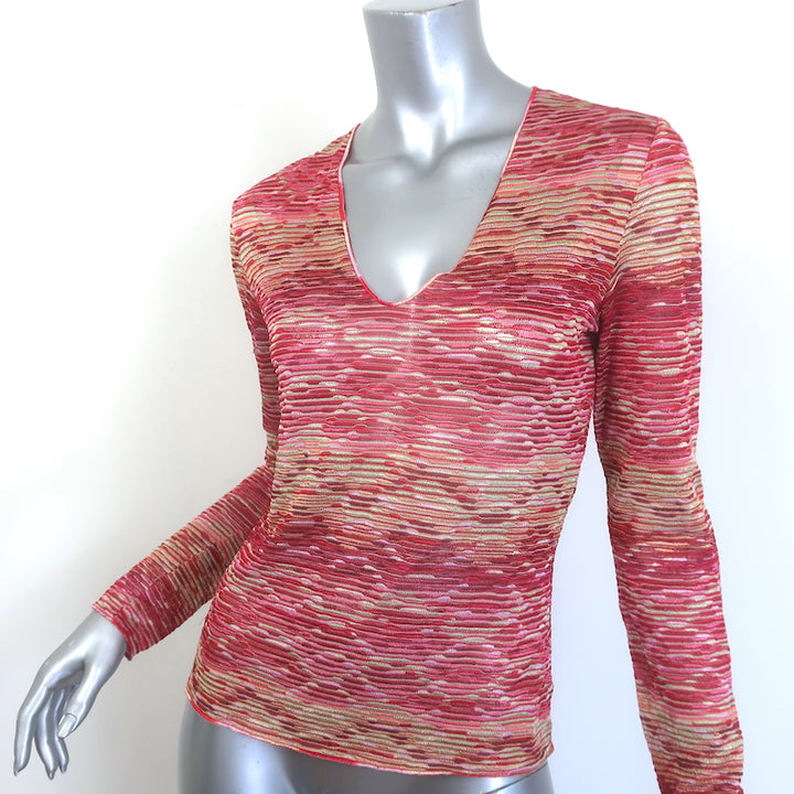 Missoni Space Dye Knit Long Sleeve V-Neck Top Red/Yellow Size 38