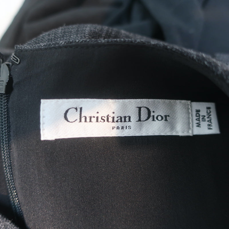 Christian Dior Ruched-Waist Dress Gray Checked Wool Size US 4 Sleeveless Sheath