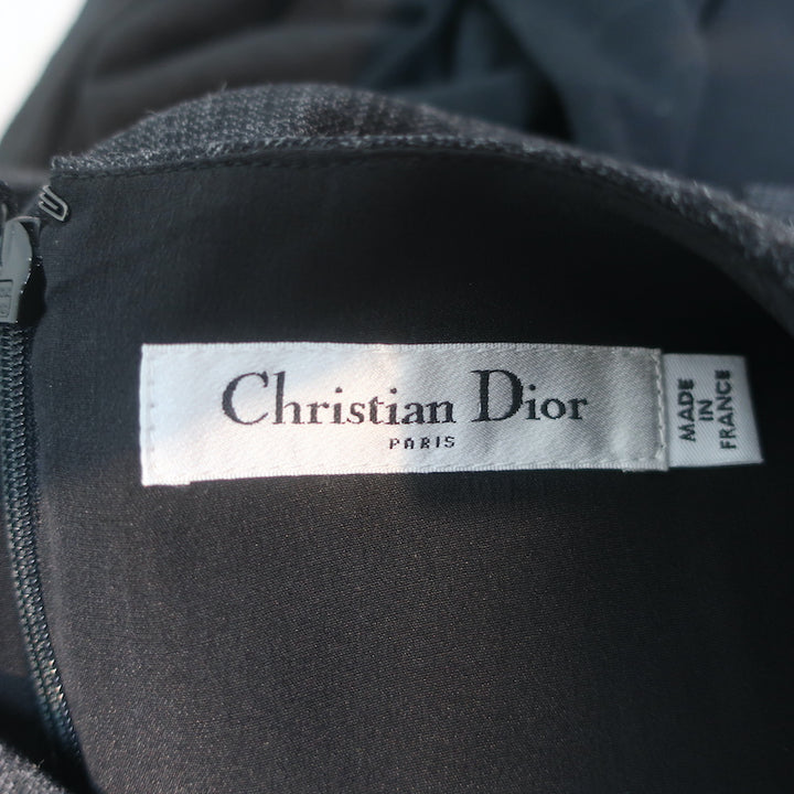 Christian Dior Ruched-Waist Dress Gray Checked Wool Size US 4 Sleeveless Sheath