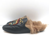 Gucci Princetown Crystal-Embroidered Fur Mules Black Leather Size 37.5