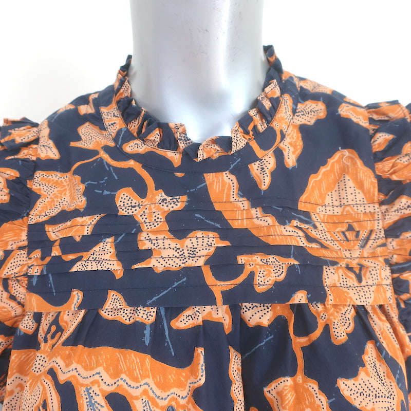 Ulla Johnson Eva Ruffle Top Navy/Orange Printed Cotton Size 10 Sleeveless Blouse