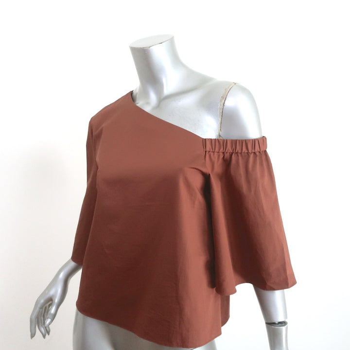 Tibi One-Shoulder Top Brown Satin Poplin Size 4 Short Sleeve Blouse