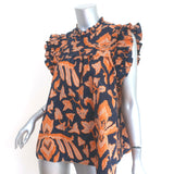 Ulla Johnson Eva Ruffle Top Navy/Orange Printed Cotton Size 10 Sleeveless Blouse