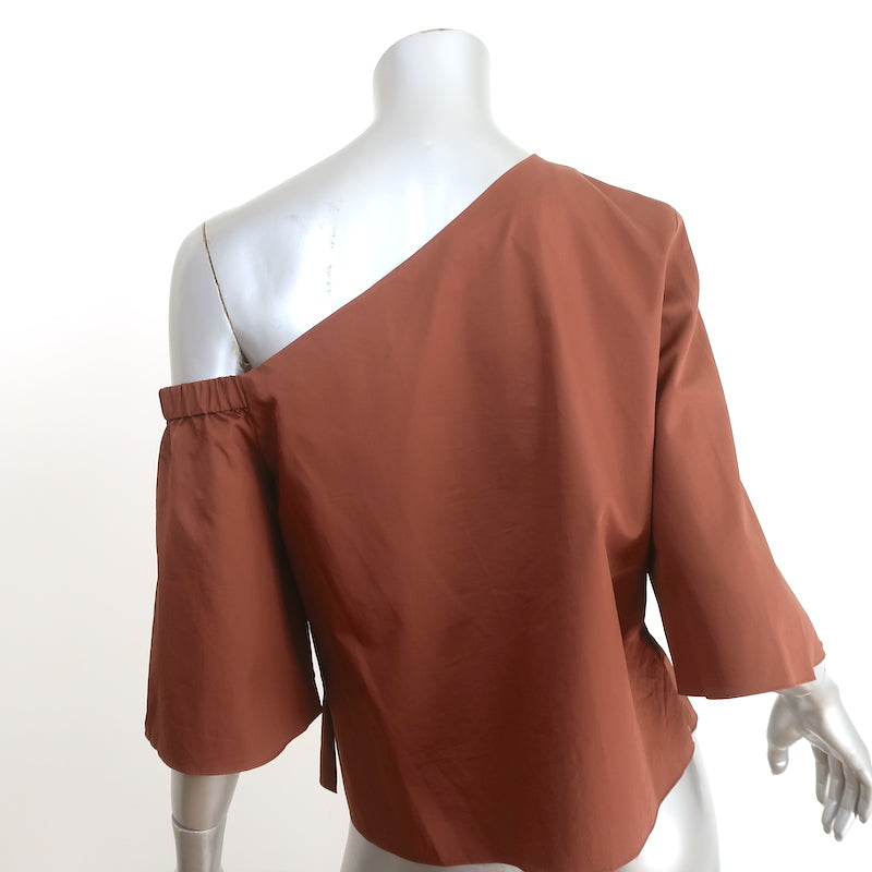 Tibi One-Shoulder Top Brown Satin Poplin Size 4 Short Sleeve Blouse