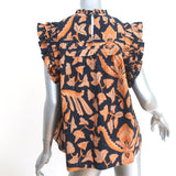 Ulla Johnson Eva Ruffle Top Navy/Orange Printed Cotton Size 10 Sleeveless Blouse