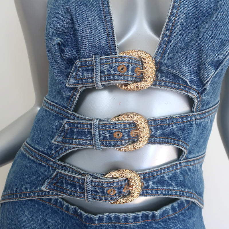 Cult Gaia Anice Buckled Cutout Halter Mini Dress Blue Denim Size 10 NEW