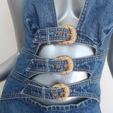 Cult Gaia Anice Buckled Cutout Halter Mini Dress Blue Denim Size 10 NEW