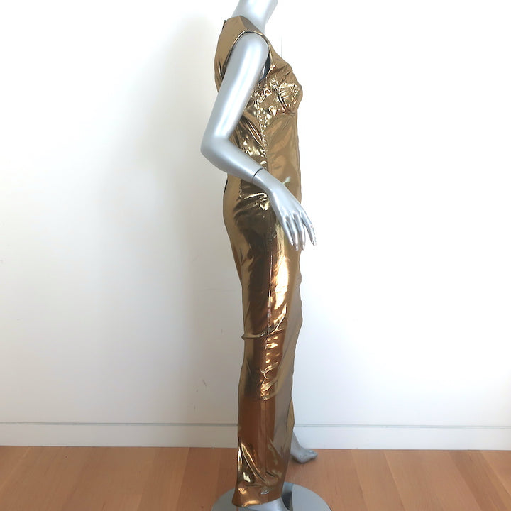 Dolce &amp; Gabbana Foiled Satin Corset Maxi Dress Gold Size 42 NEW
