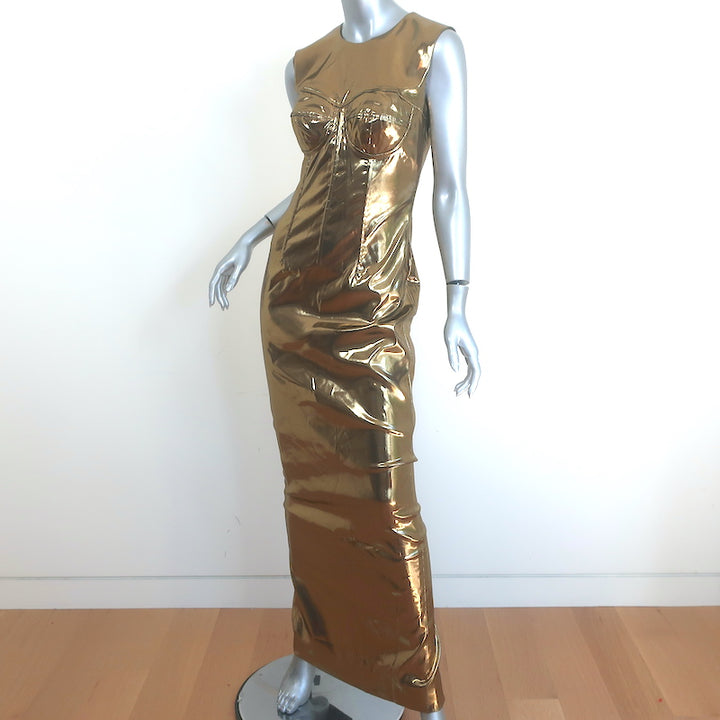 Dolce &amp; Gabbana Foiled Satin Corset Maxi Dress Gold Size 42 NEW
