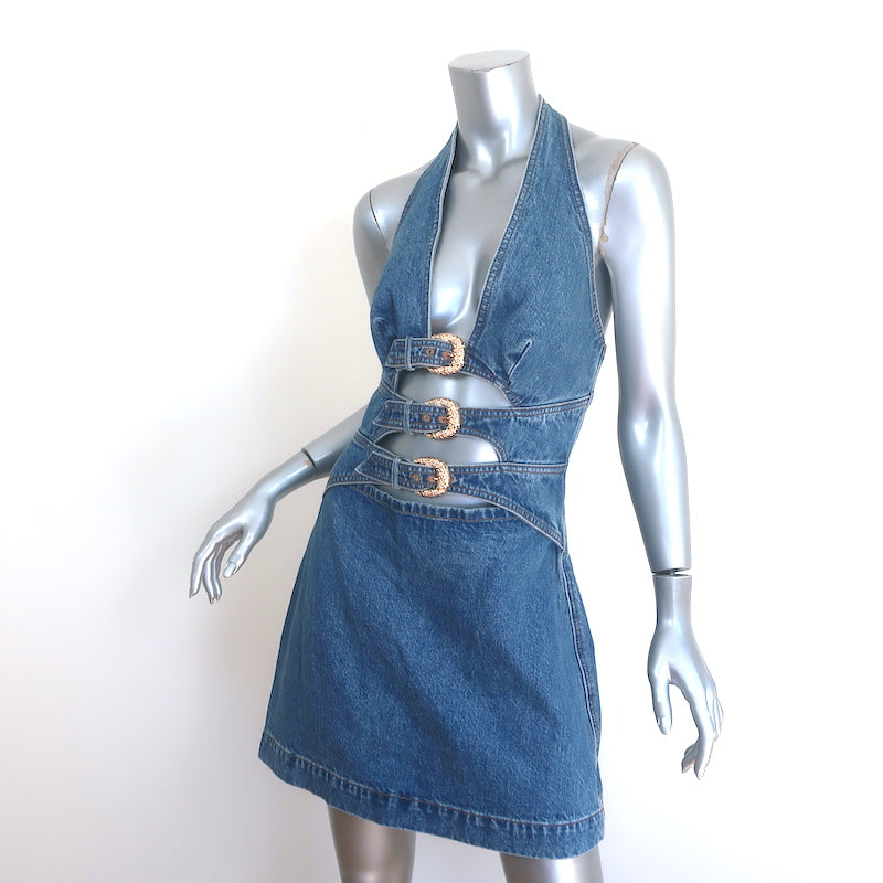 Cult Gaia Anice Buckled Cutout Halter Mini Dress Blue Denim Size 10 NEW