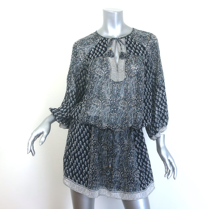 Ulla Johnson Salinas Blouson Mini Dress Navy Paisley Print Chiffon Size 6