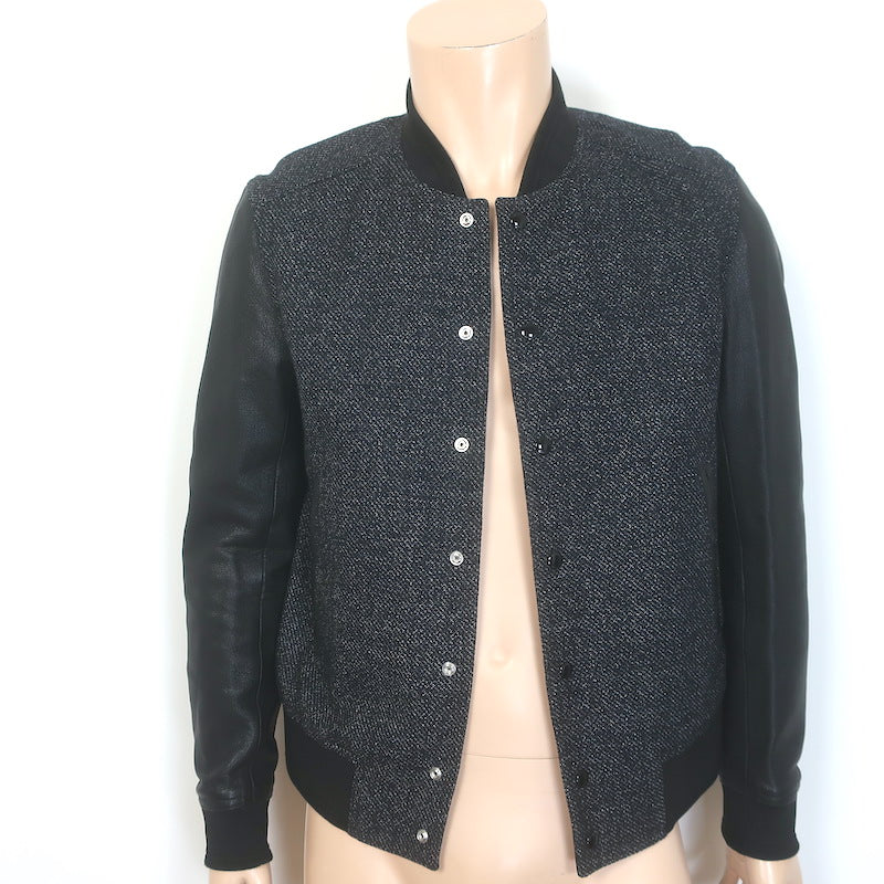 Dior Homme Leather-Sleeve Bomber Jacket Black Tweed Size 48