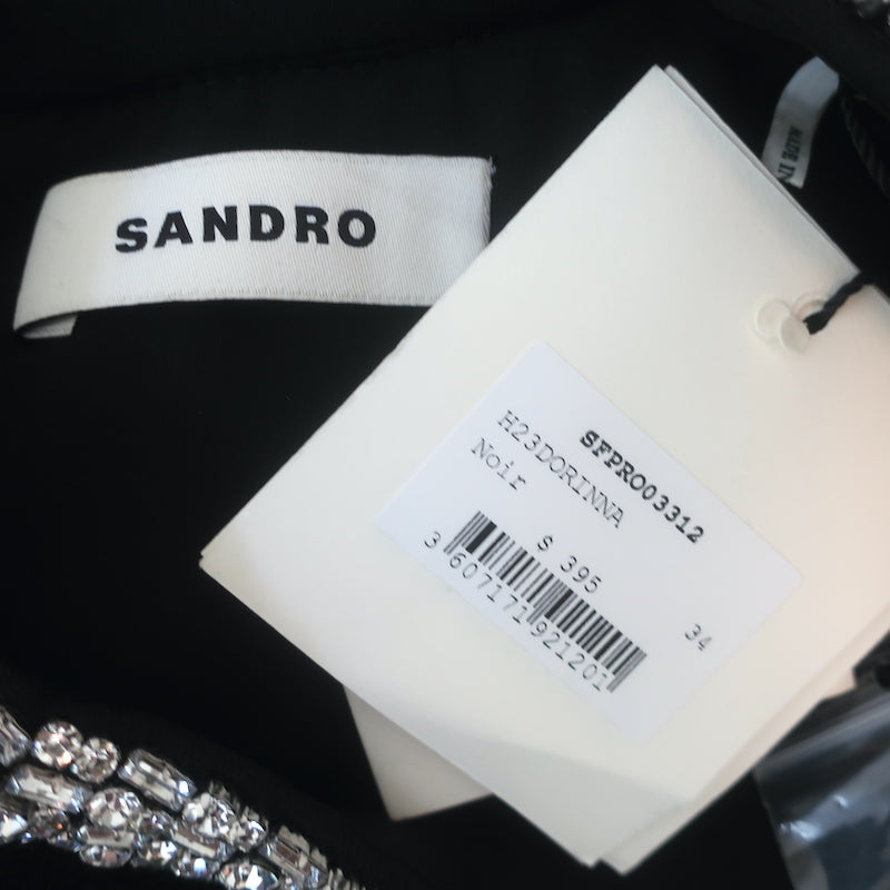 Sandro Dorinna Rhinestone-Trim Mini Shift Dress Black Tweed Size 34 NEW