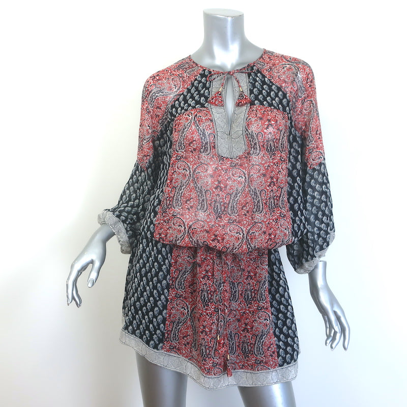 Ulla Johnson Salinas Blouson Mini Dress Red/Navy Paisley Print Chiffon Size 6