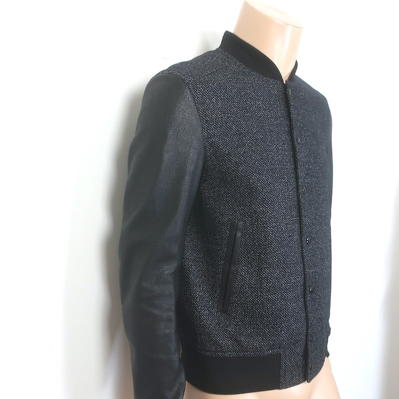 Dior Homme Leather-Sleeve Bomber Jacket Black Tweed Size 48