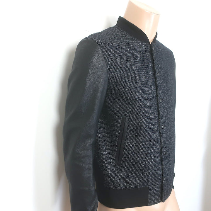 Dior Homme Leather-Sleeve Bomber Jacket Black Tweed Size 48