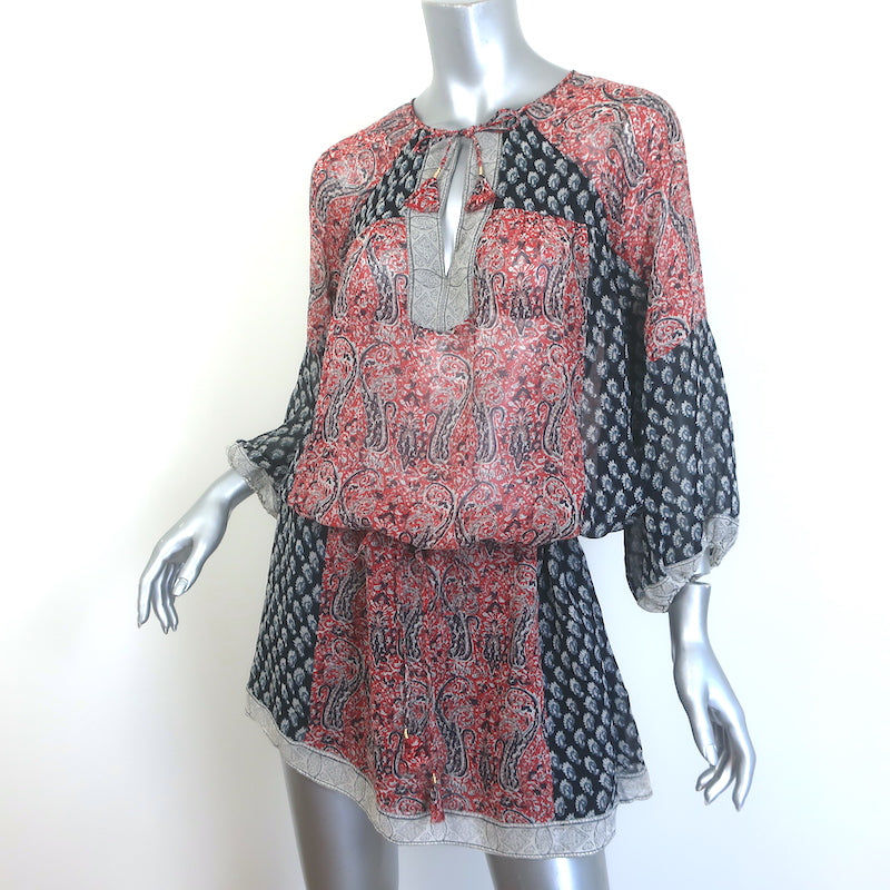 Ulla Johnson Salinas Blouson Mini Dress Red/Navy Paisley Print Chiffon Size 6