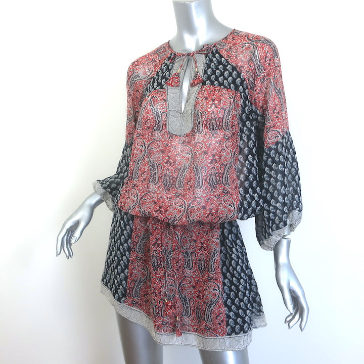 Ulla Johnson Salinas Blouson Mini Dress Red/Navy Paisley Print Chiffon Size 6