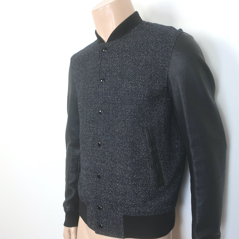 Dior Homme Leather-Sleeve Bomber Jacket Black Tweed Size 48