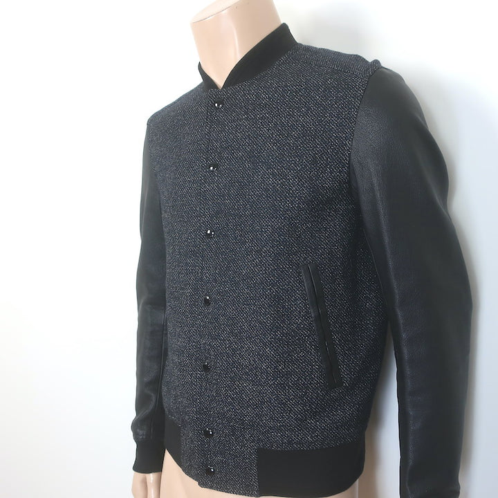 Dior Homme Leather-Sleeve Bomber Jacket Black Tweed Size 48