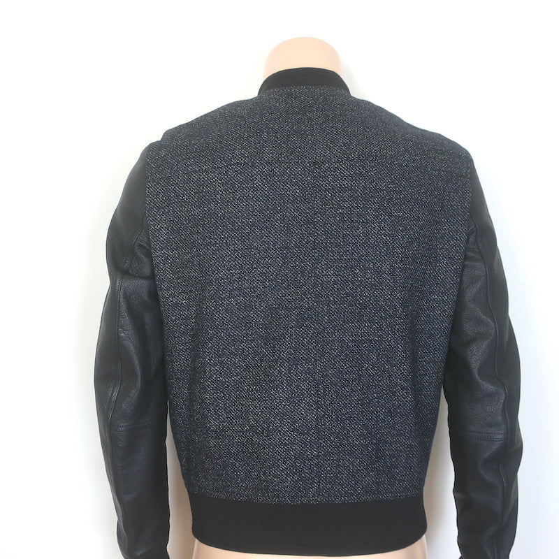 Dior Homme Leather-Sleeve Bomber Jacket Black Tweed Size 48