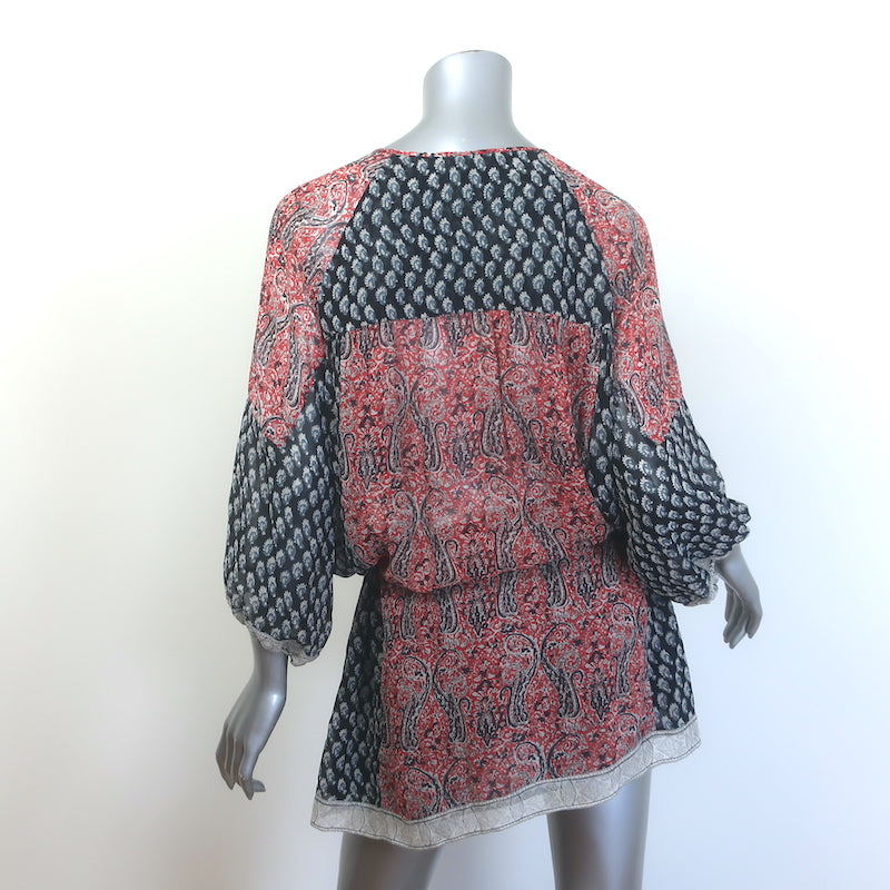 Ulla Johnson Salinas Blouson Mini Dress Red/Navy Paisley Print Chiffon Size 6